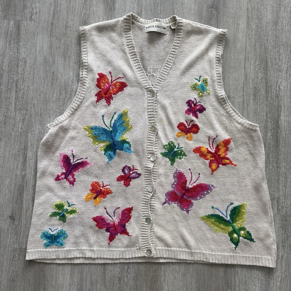 Vintage Y2K Marisa Christina Butterfly Knit Sweater Vest Button Up Tan Beige